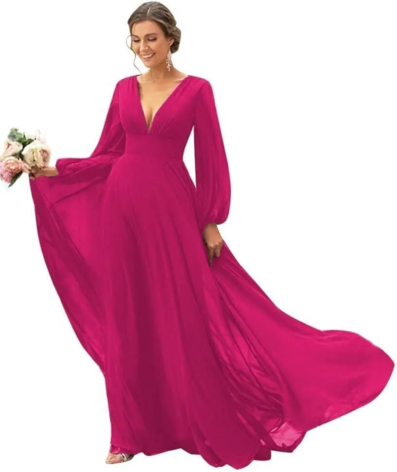 IIF Chiffon Long Sleeve Bridesmaid Dresses for Women Double V Neck A-line Prom Dress with Slit IIF032