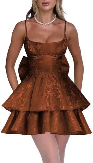 Jacquard Floral Satin Short Prom Dress 2025 Spaghetti Straps Puffy Mini Homeocming Dresses with Bow LAS46