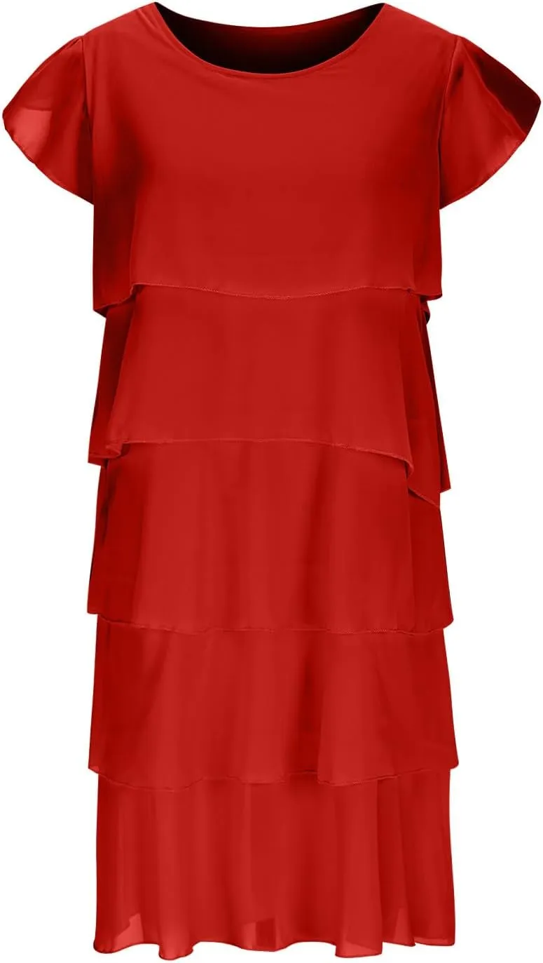 JOAU Layered Chiffon A Line Flowy Midi Dress for Women Elegant Petal Sleeve Crew Neck Wedding Guest Cocktail Party Dresses