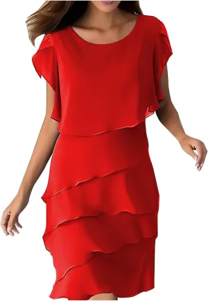 JOAU Layered Chiffon A Line Flowy Midi Dress for Women Elegant Petal Sleeve Crew Neck Wedding Guest Cocktail Party Dresses