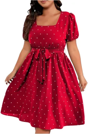 JOAU Womens Plus Size Square Neck Puff Short Sleeve High Waist Polka Dots Belted Midi Dress Cute Swing A-Line Babydoll Dress