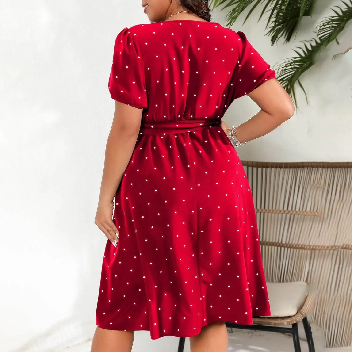 JOAU Womens Plus Size Square Neck Puff Short Sleeve High Waist Polka Dots Belted Midi Dress Cute Swing A-Line Babydoll Dress