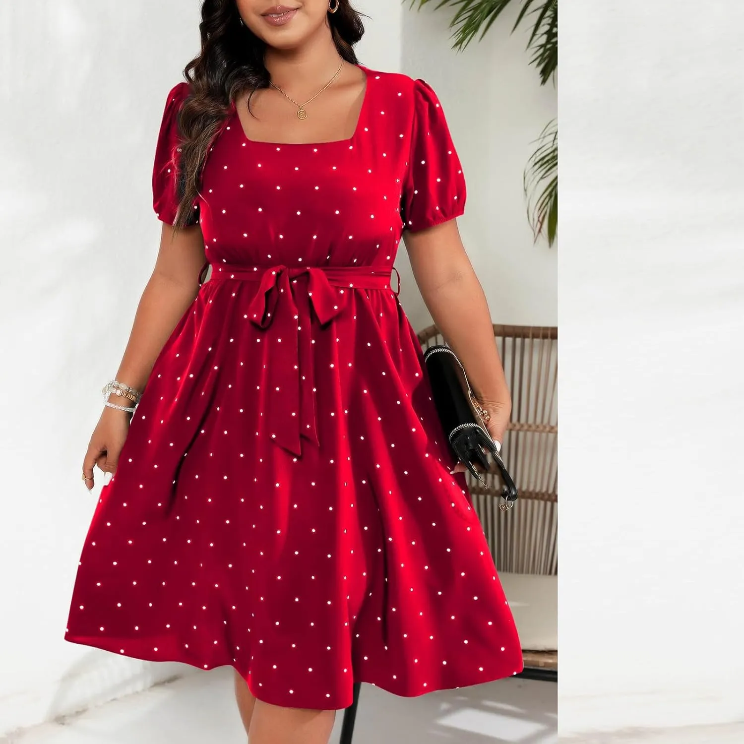 JOAU Womens Plus Size Square Neck Puff Short Sleeve High Waist Polka Dots Belted Midi Dress Cute Swing A-Line Babydoll Dress