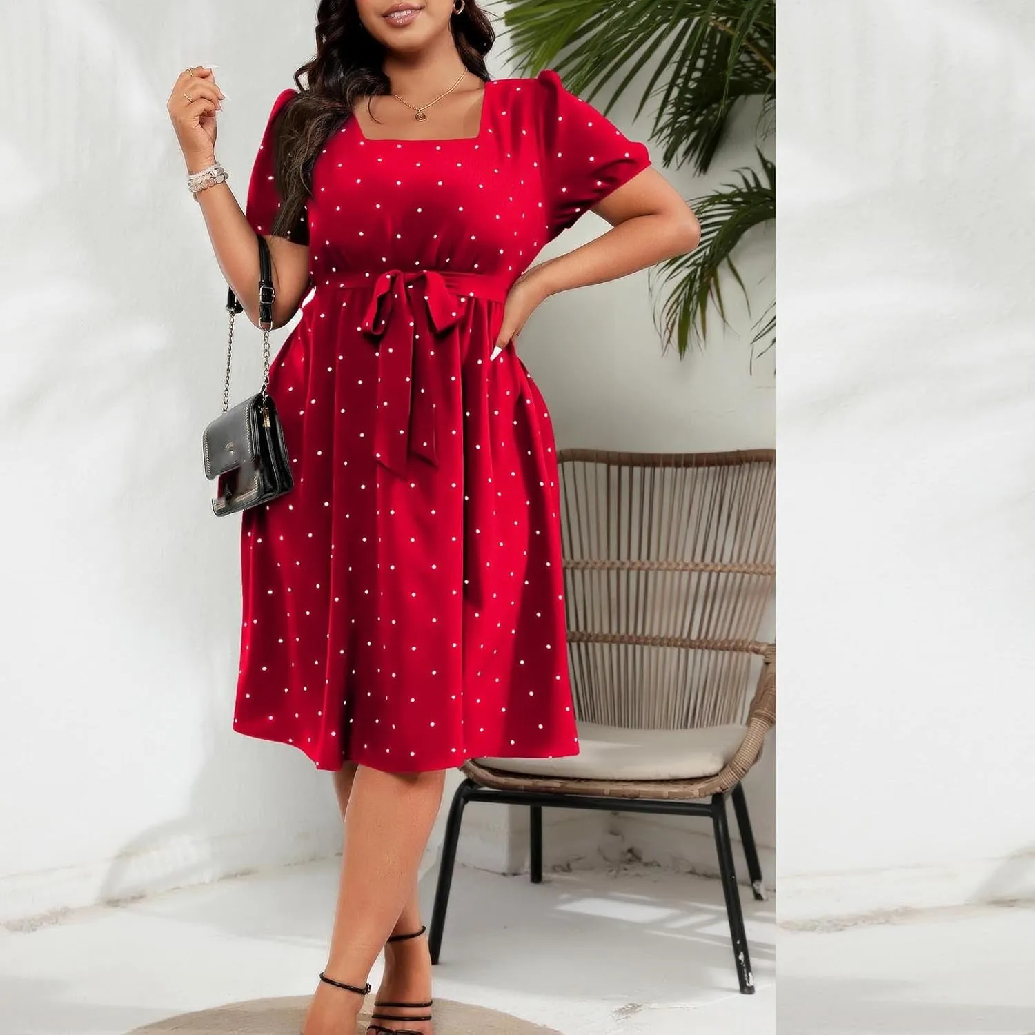 JOAU Womens Plus Size Square Neck Puff Short Sleeve High Waist Polka Dots Belted Midi Dress Cute Swing A-Line Babydoll Dress