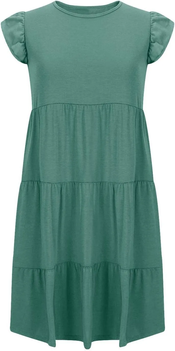 JOAU Women's Summer Dresses 2024 Casual Ruffle Cap Sleeve Crew Neck Mini Dress Loose Fit Tiered Swing A Line Short Dresses