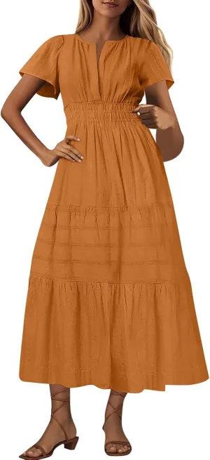 JOAU Womens Summer Dresses 2025 Casual Short Sleeve Notched V Neck Boho Tiered Ruffle A-Line Beach Maxi Dress with Pockets
