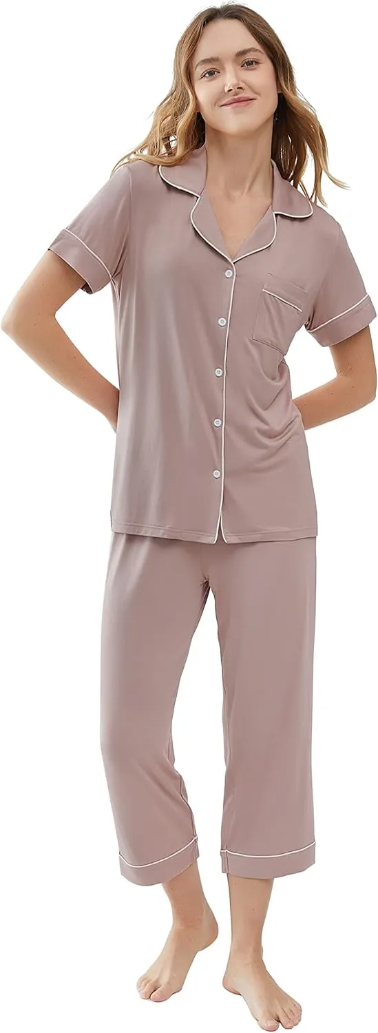 Joyaria Women Viscose Made from Bamboo Pajamas Set Cooling Capri Button Up/Down Pjs Short Sleeve Sleepwear
