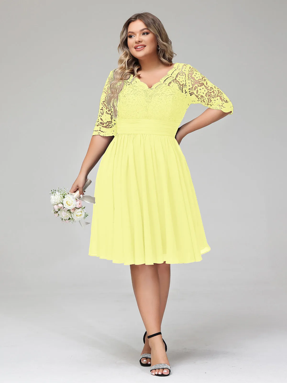Lace and Chiffon Short Dress with Half Sleeves Daffodil