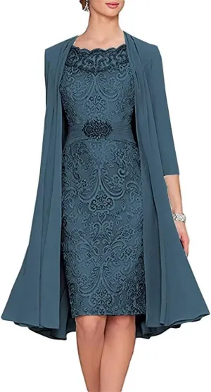 Lace Appliques Peacock Mother of The Groom Dress Tea Length 2 Pieces Chiffon Evening Dresses for Women Elegant Classy, US 6