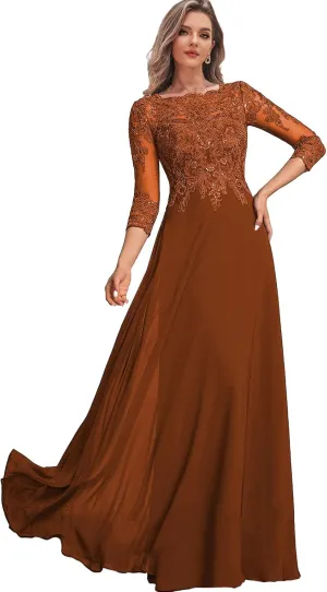 Lace Mother of The Bride Dresses with Sleeves Chiffon Wedding Party Dress for Women Long Formal Gown