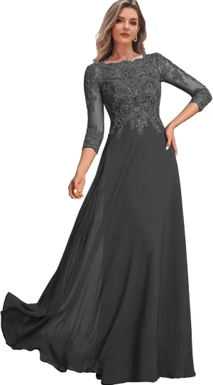Lace Mother of The Bride Dresses with Sleeves Chiffon Wedding Party Dress for Women Long Formal Gown