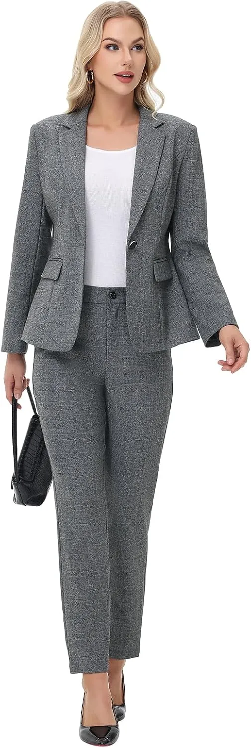 Lamgool Women's Suit Set 2 Piece Business Office Notch Lapel One Button Blazer and Pant Suit for Work