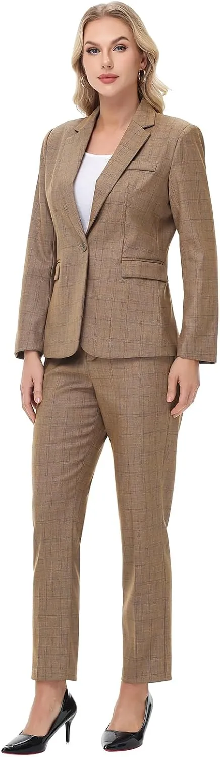 Lamgool Women's Suit Set 2 Piece Business Office Notch Lapel One Button Blazer and Pant Suit for Work