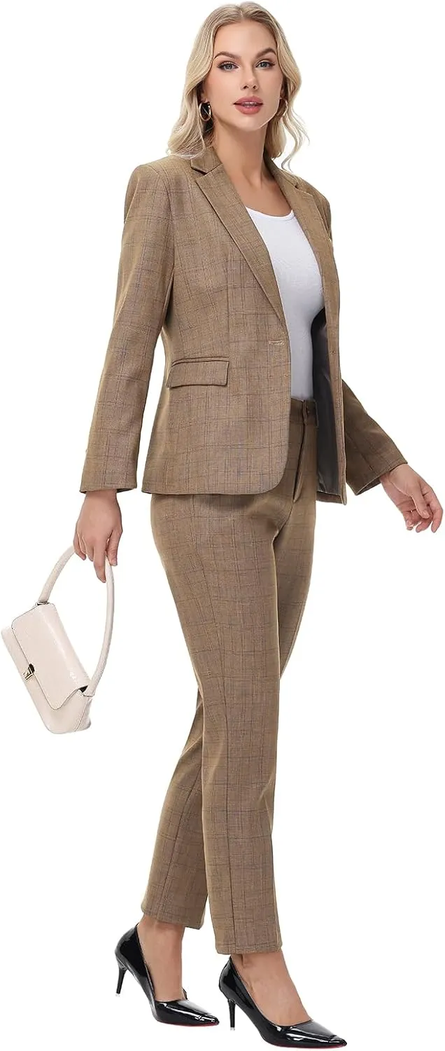 Lamgool Women's Suit Set 2 Piece Business Office Notch Lapel One Button Blazer and Pant Suit for Work