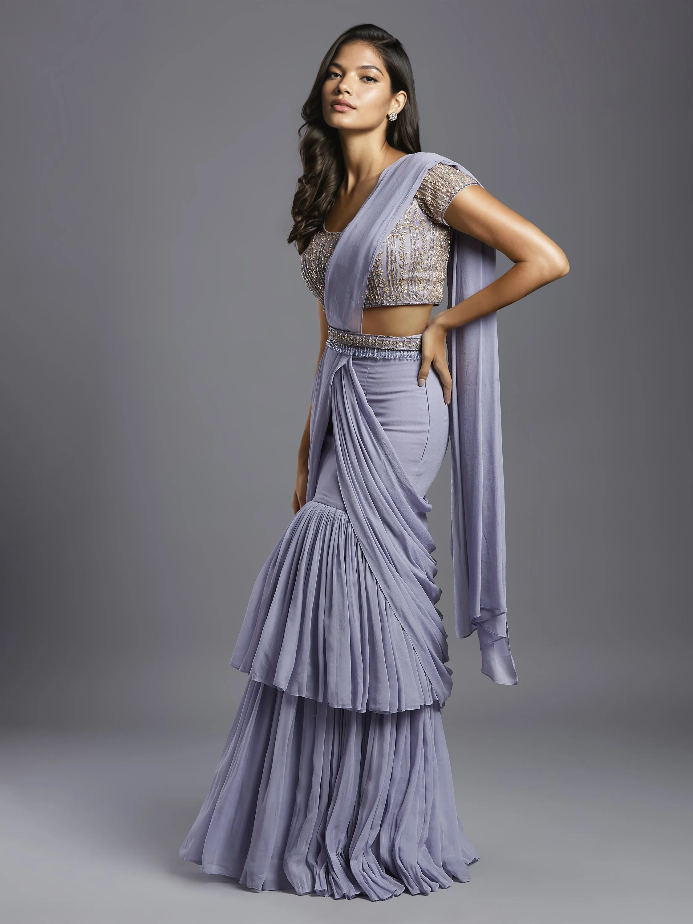 Lilac Georgette Double Layered Gathered Draped Saree with Net Spring Palace Blouse and Belt