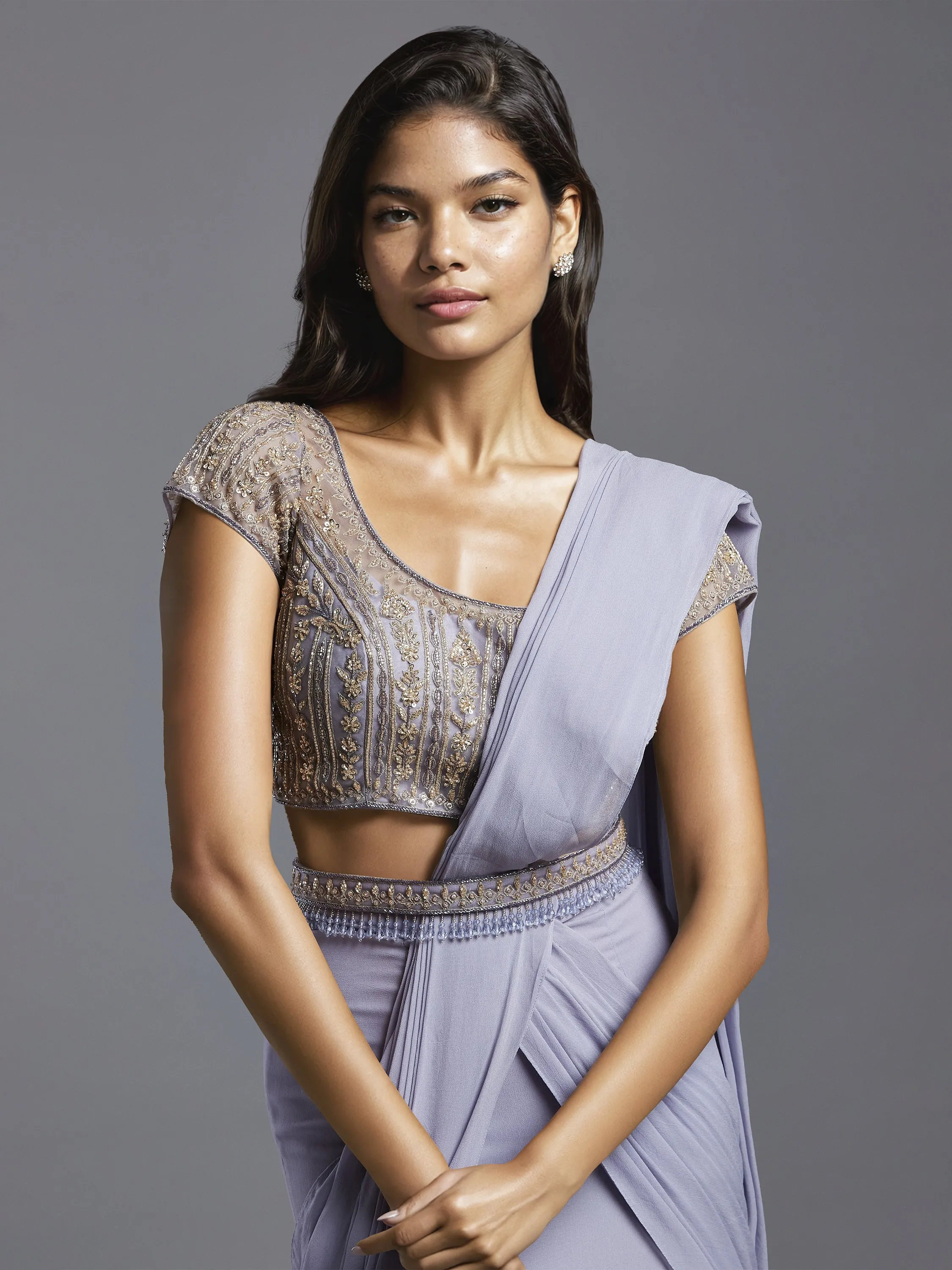 Lilac Georgette Double Layered Gathered Draped Saree with Net Spring Palace Blouse and Belt