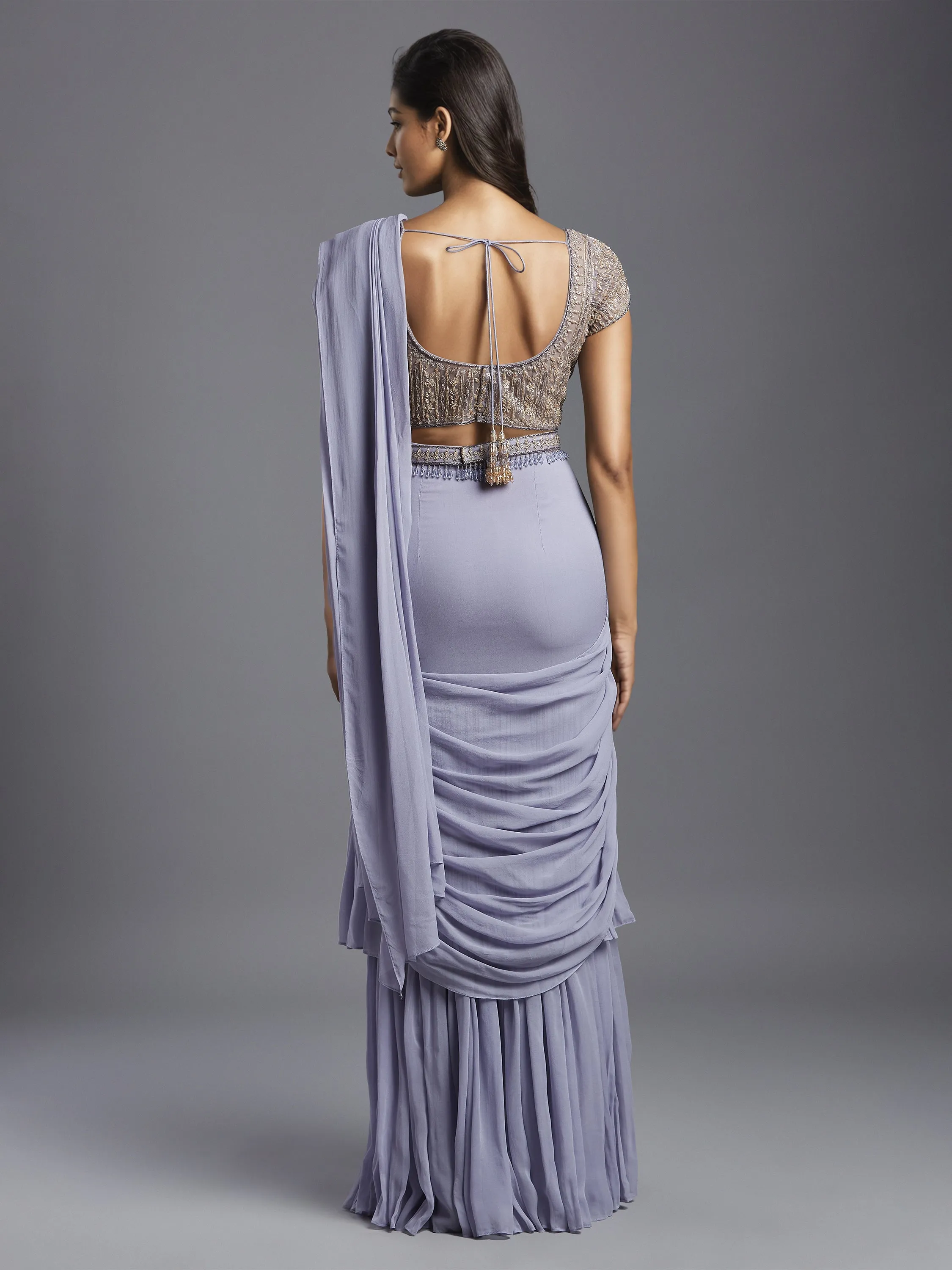 Lilac Georgette Double Layered Gathered Draped Saree with Net Spring Palace Blouse and Belt