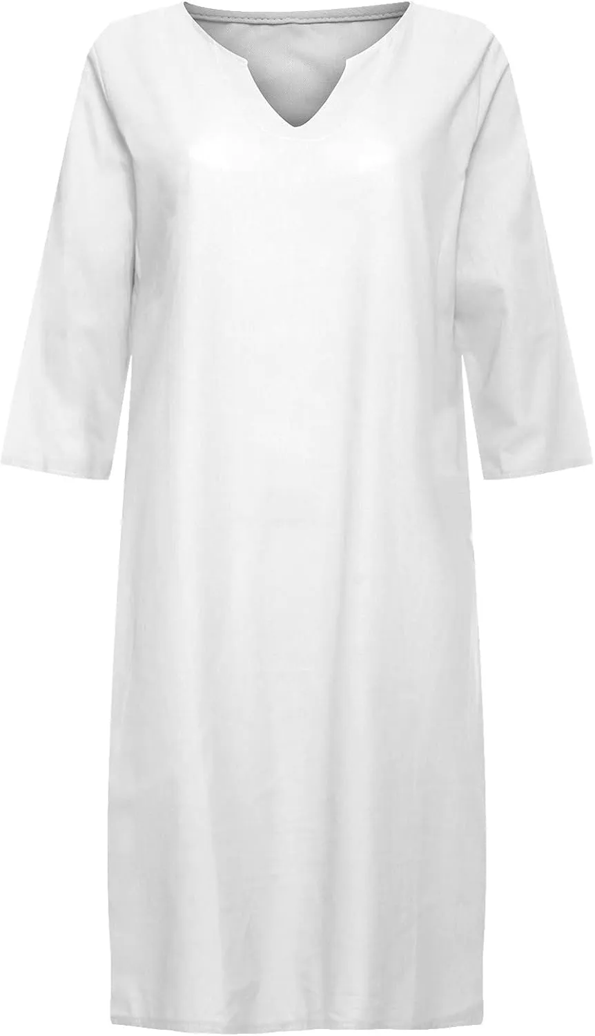 Linen Dress Women Short Sleeve V Neck Midi Dresses Summer Casual Cotton Linen Dress Solid Dress Vintage Beachwear