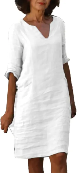 Linen Dress Women Short Sleeve V Neck Midi Dresses Summer Casual Cotton Linen Dress Solid Dress Vintage Beachwear