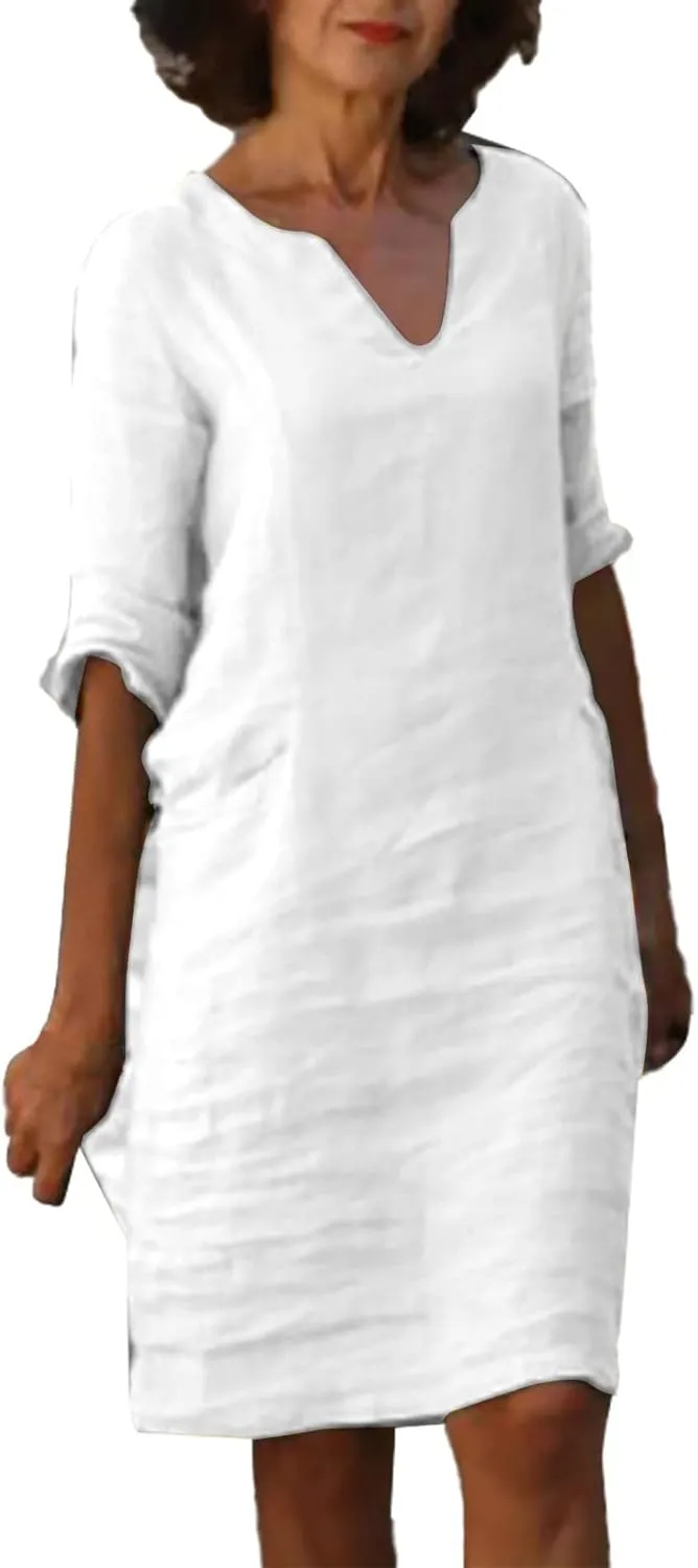 Linen Dress Women Short Sleeve V Neck Midi Dresses Summer Casual Cotton Linen Dress Solid Dress Vintage Beachwear