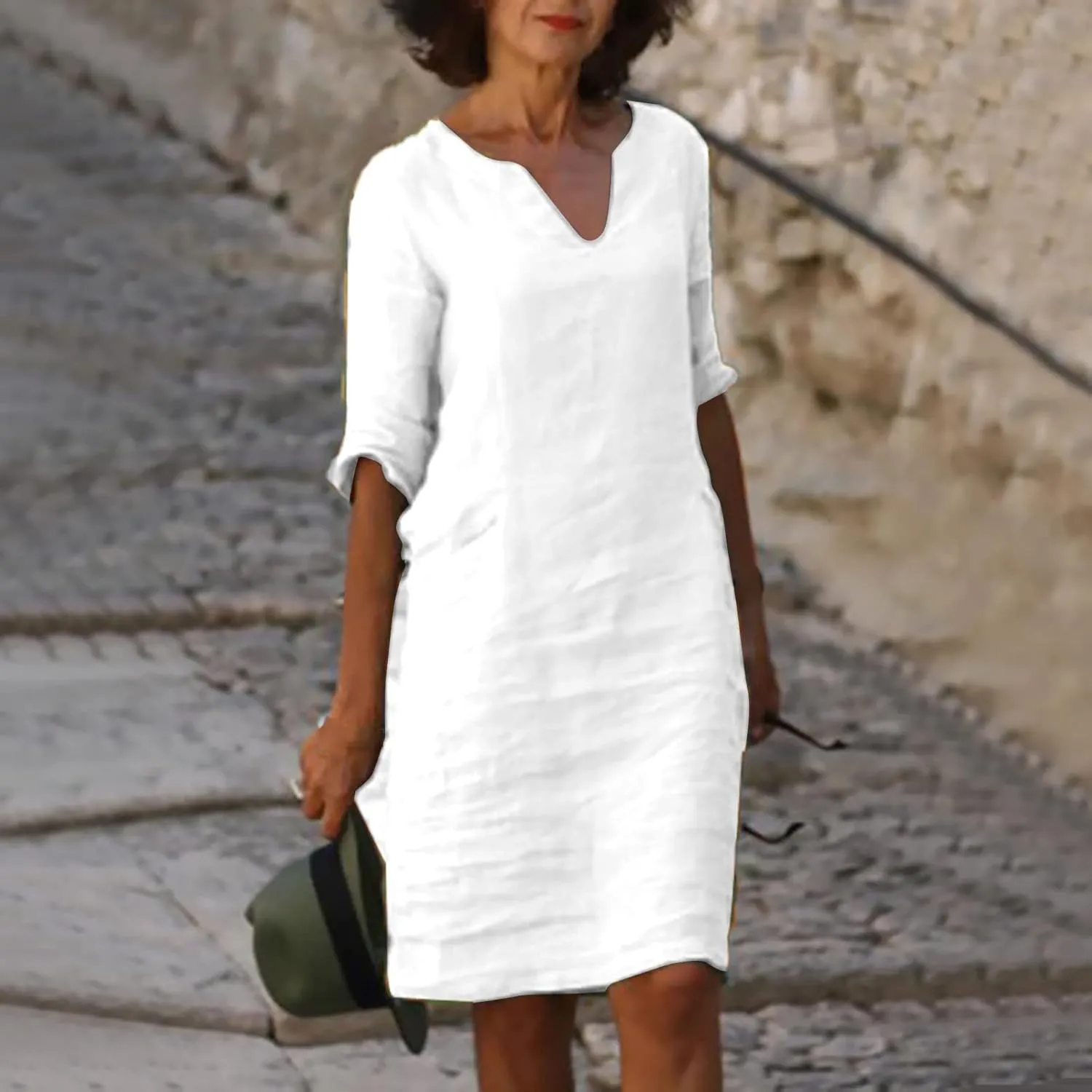 Linen Dress Women Short Sleeve V Neck Midi Dresses Summer Casual Cotton Linen Dress Solid Dress Vintage Beachwear