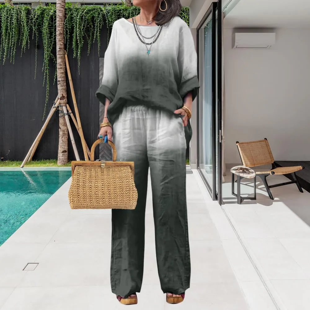 Linen Set for Women Casual Long Sleeve Gradient Color Loose Pant Plus Size Pants Sets Women 2 Piece Outfits
