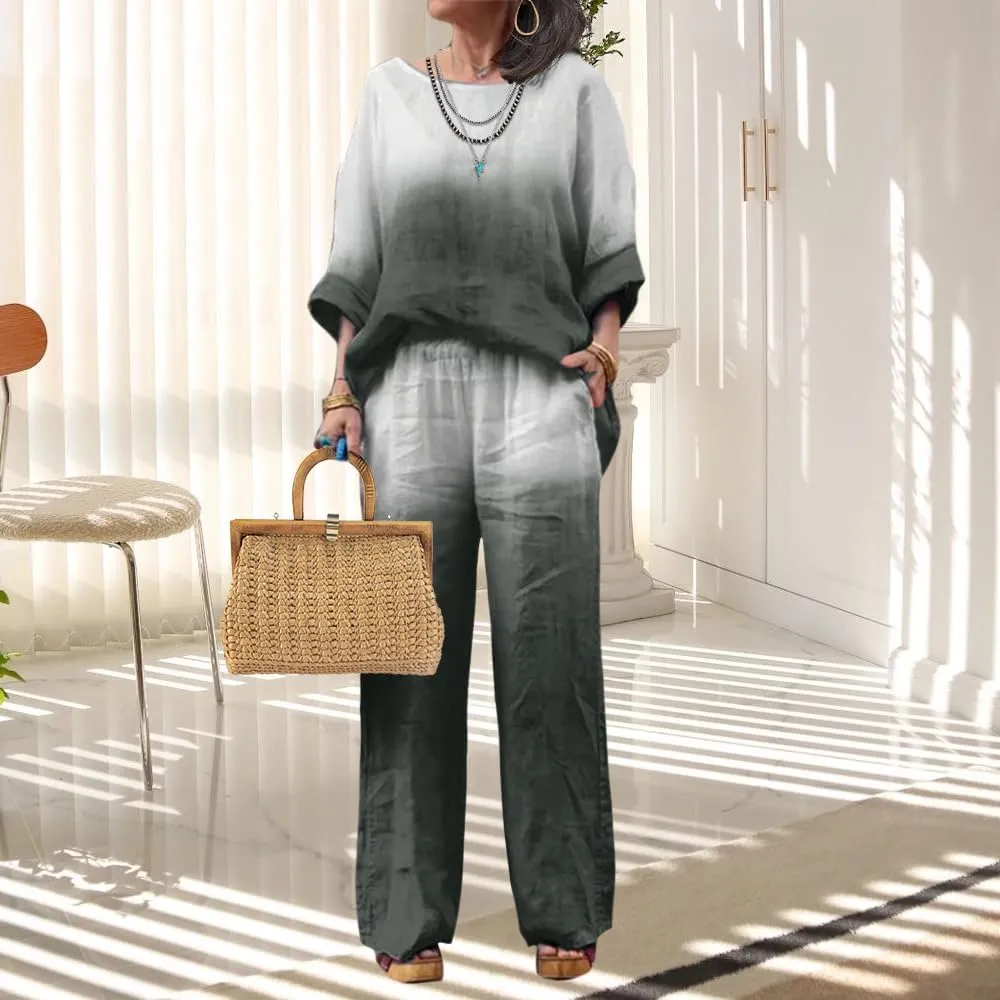 Linen Set for Women Casual Long Sleeve Gradient Color Loose Pant Plus Size Pants Sets Women 2 Piece Outfits