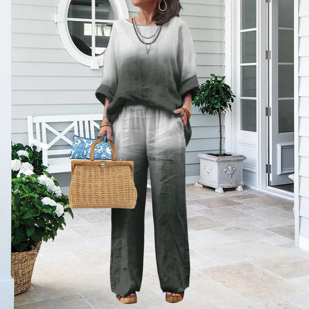 Linen Set for Women Casual Long Sleeve Gradient Color Loose Pant Plus Size Pants Sets Women 2 Piece Outfits