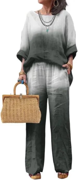 Linen Set for Women Casual Long Sleeve Gradient Color Loose Pant Plus Size Pants Sets Women 2 Piece Outfits
