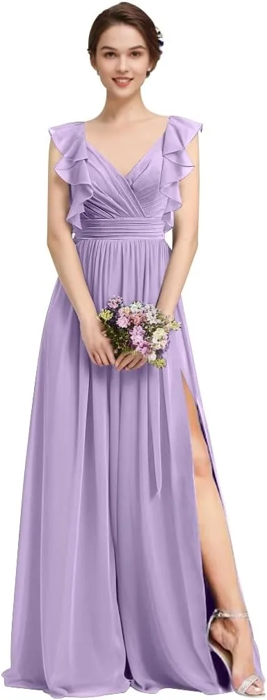Long Chiffon Bridesmaid Dresses for Woman 2024 A Line Ruched Formal Evening Dresses for Wedding HGR76