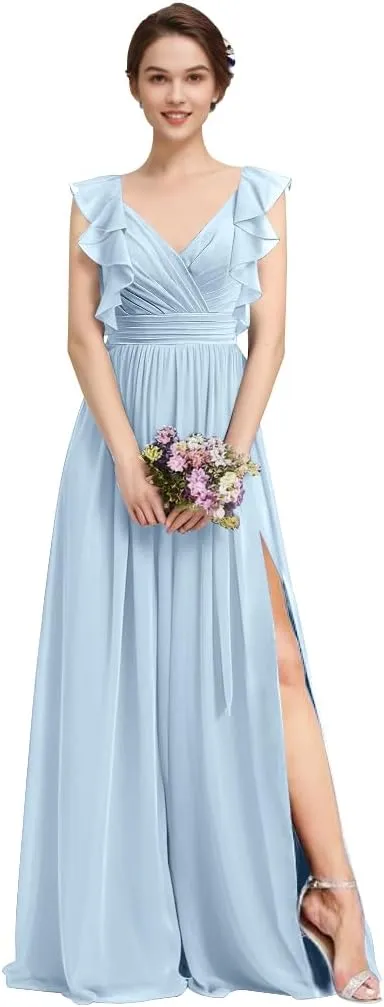 Long Chiffon Bridesmaid Dresses for Woman 2024 A Line Ruched Formal Evening Dresses for Wedding HGR76