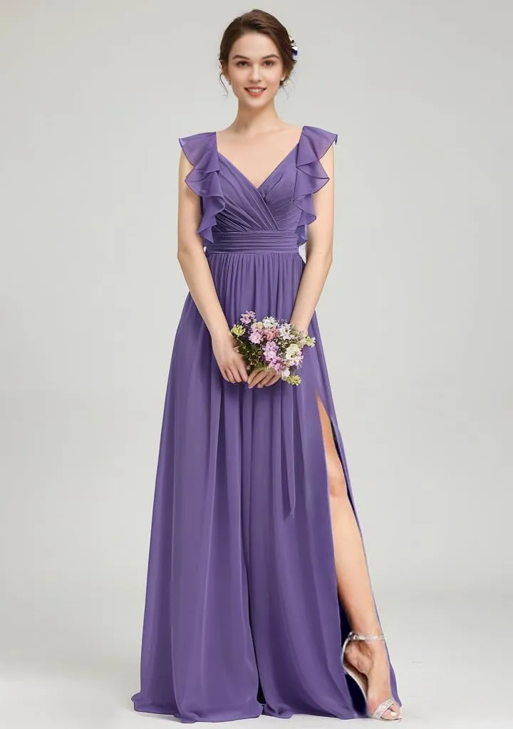 Long Chiffon Bridesmaid Dresses for Woman 2024 A Line Ruched Formal Evening Dresses for Wedding HGR76