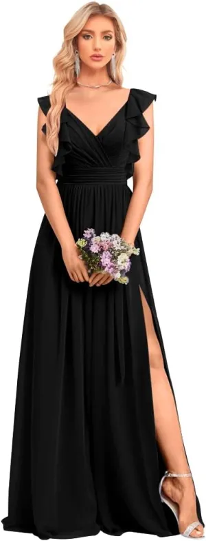 Long Chiffon Bridesmaid Dresses for Woman 2024 A Line Ruched Formal Evening Dresses for Wedding HGR76