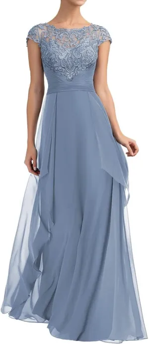 Long Mother of The Bride Dresses for Wedding Ruffle Chiffon Lace Applique Formal Evening Gown for Women MK45