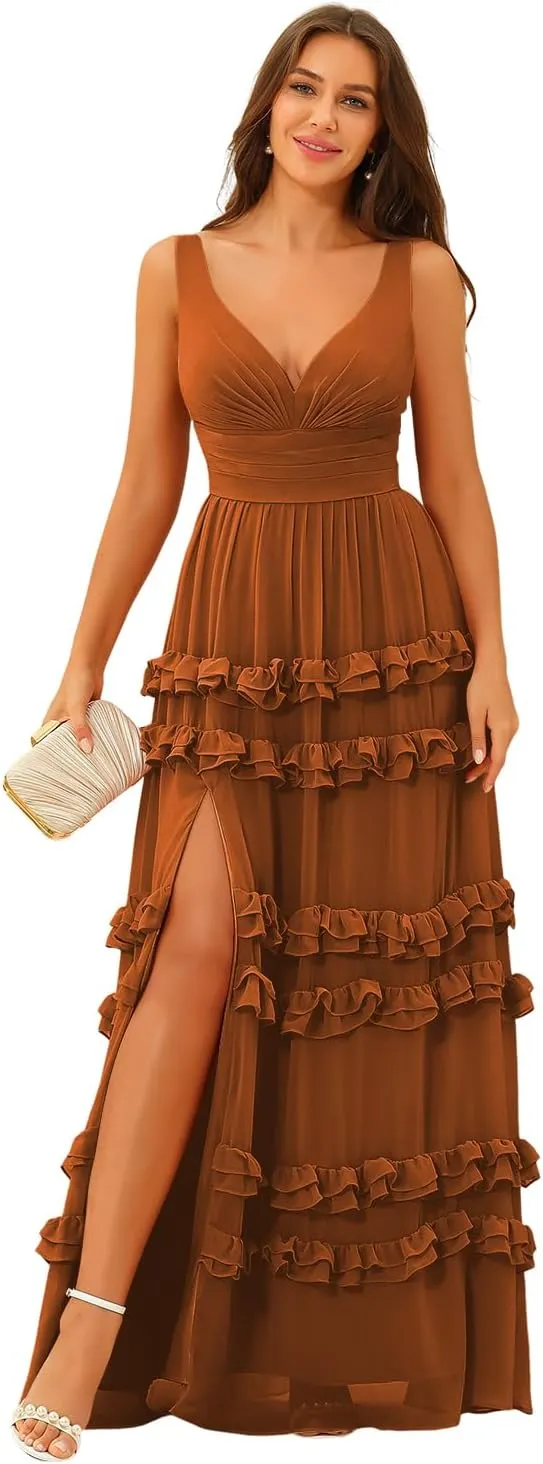Loyeloy Women's V Neck Aline Bridesmaid Dresses with Slit 2024 Tiered Chiffon Aline Formal Evening Gowns