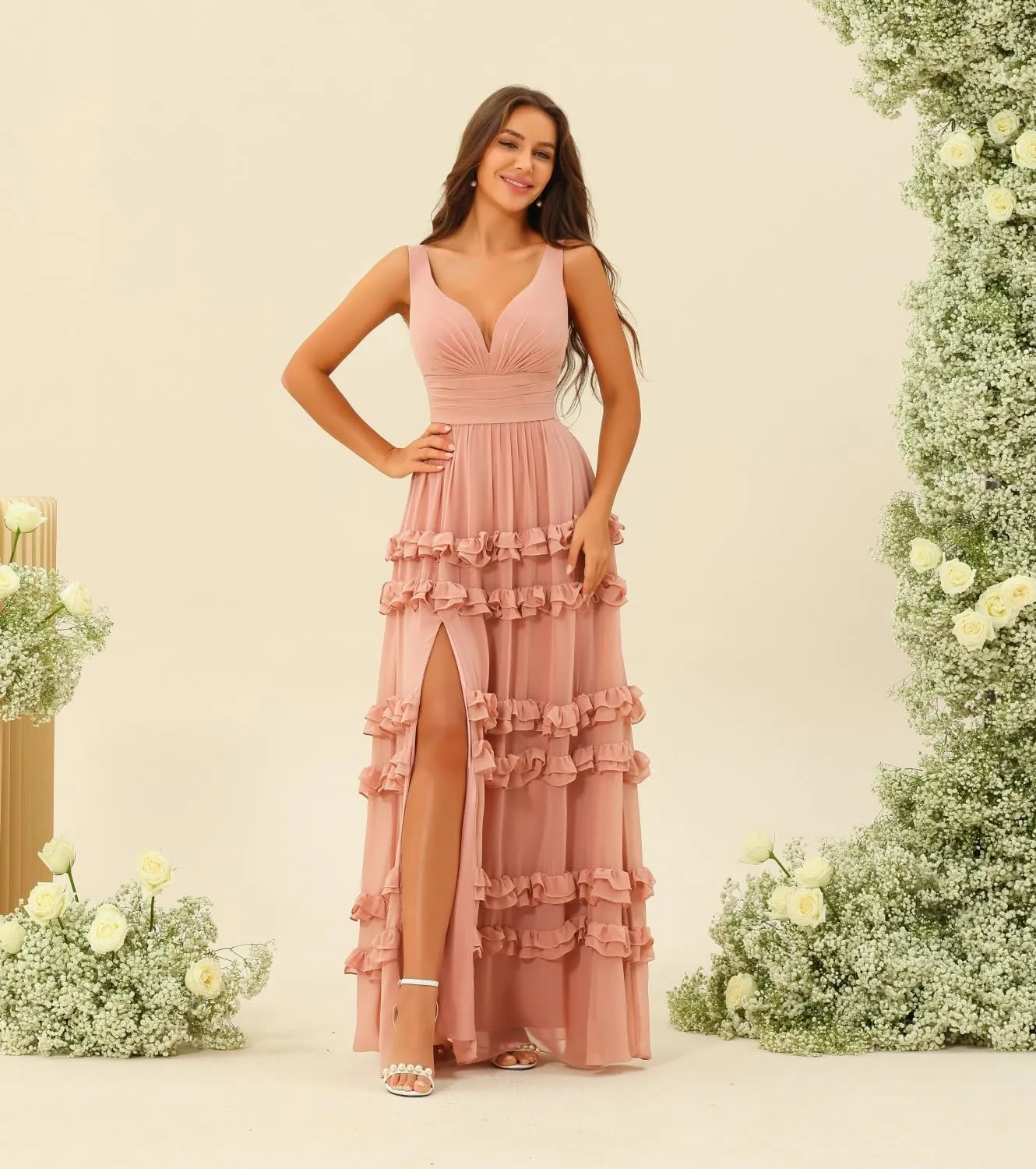 Loyeloy Women's V Neck Aline Bridesmaid Dresses with Slit 2024 Tiered Chiffon Aline Formal Evening Gowns