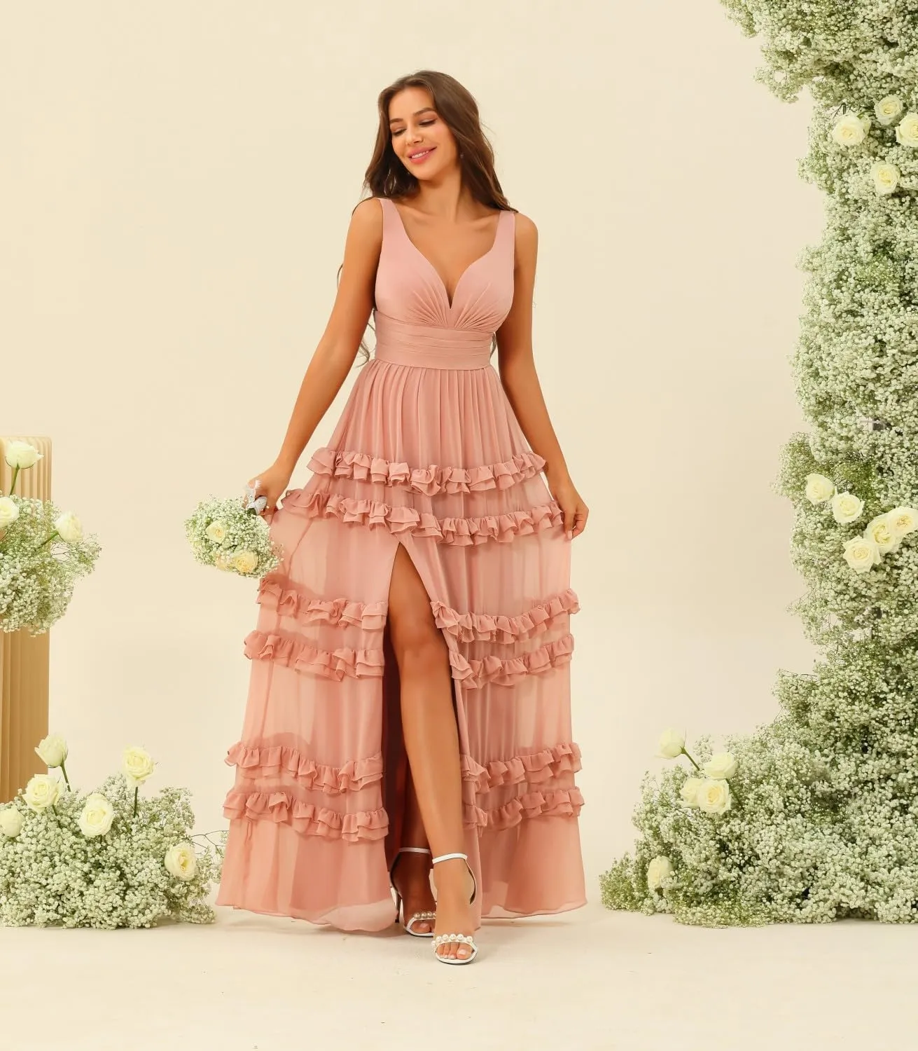 Loyeloy Women's V Neck Aline Bridesmaid Dresses with Slit 2024 Tiered Chiffon Aline Formal Evening Gowns