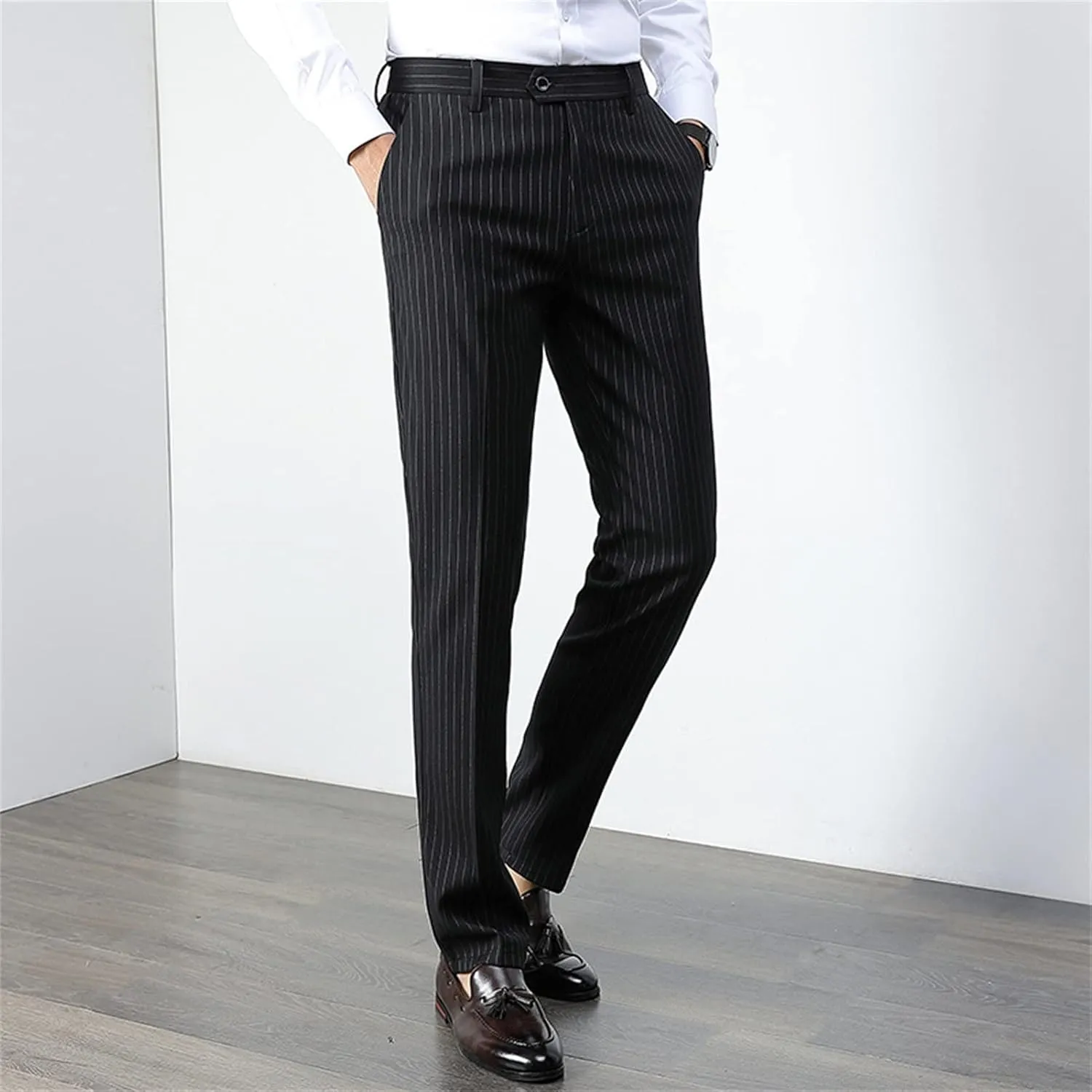 Maiyifu-GJ Men's Slim Striped Casual Tapered Pant Pinstripe Wrinkle Resistant Suit Pant Lightweight Business Dress Trousers