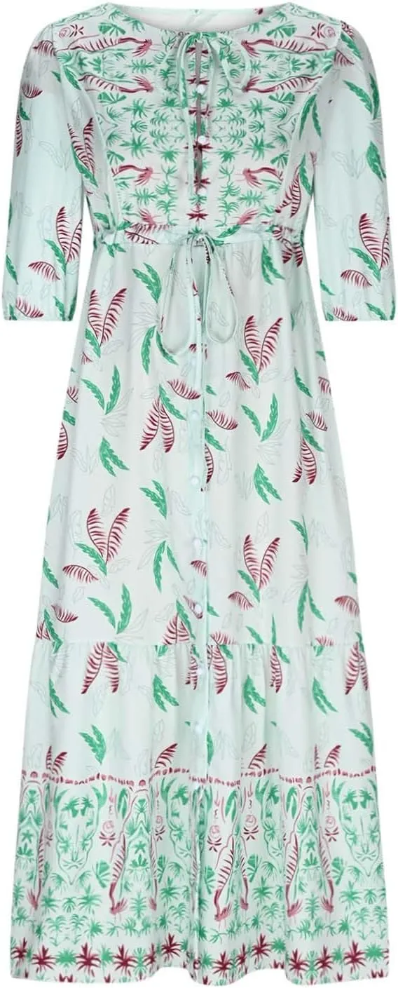 Maxi Dresses for Women Short Sleeve Boho Floral Print Button T Shirt Dress Casual Ruffle Loose Long Tunic Dresses