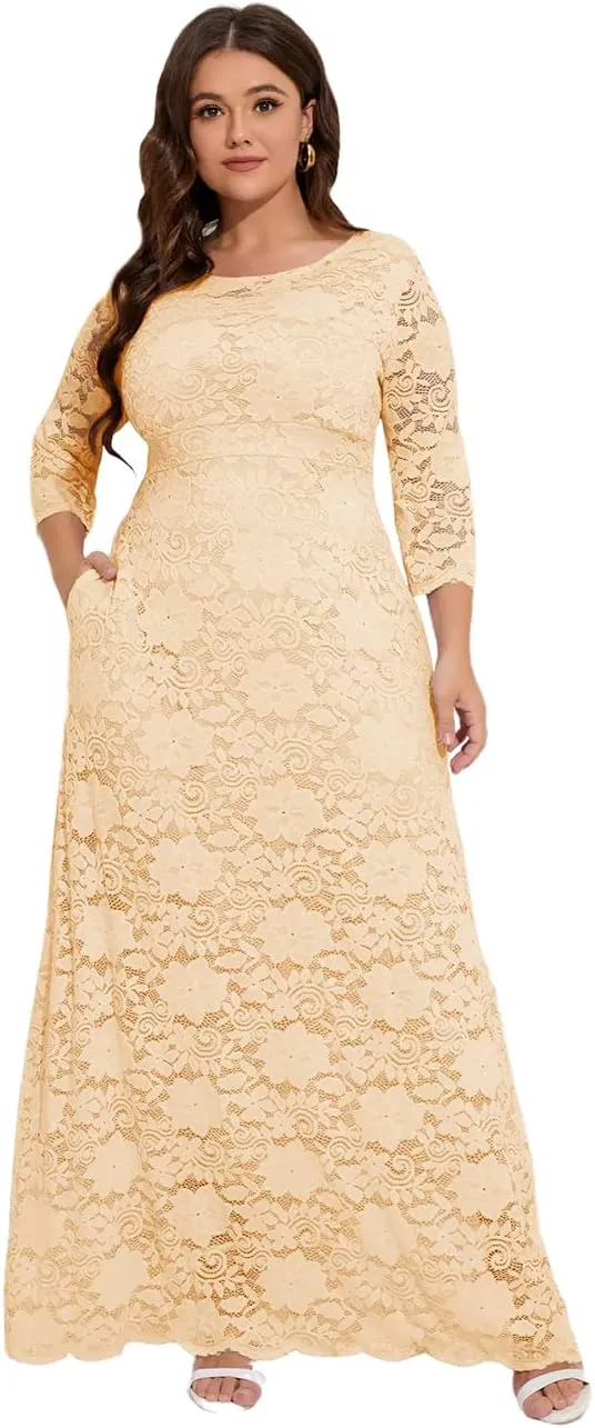 MAYFASEY Women's Plus Size Floral Lace Wedding Dress 3 4 Sleeve Bridesmaid Evening Party Long Maxi Dresses with Pockets