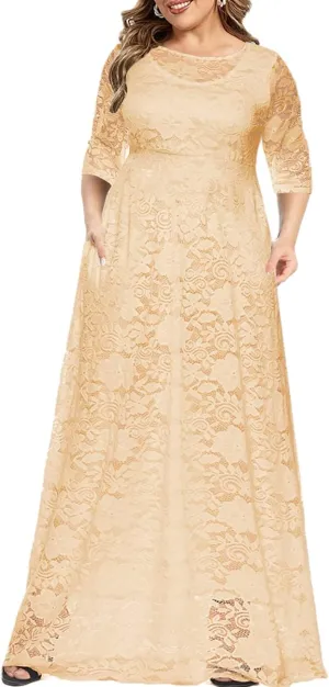 MAYFASEY Women's Plus Size Floral Lace Wedding Dress 3 4 Sleeve Bridesmaid Evening Party Long Maxi Dresses with Pockets