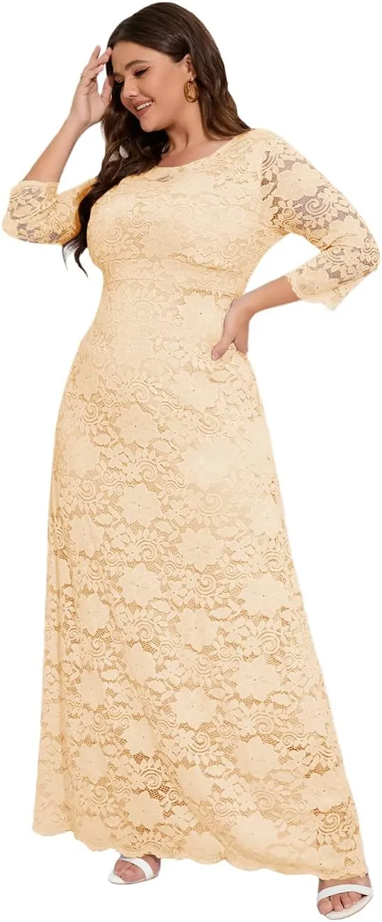 MAYFASEY Women's Plus Size Floral Lace Wedding Dress 3 4 Sleeve Bridesmaid Evening Party Long Maxi Dresses with Pockets