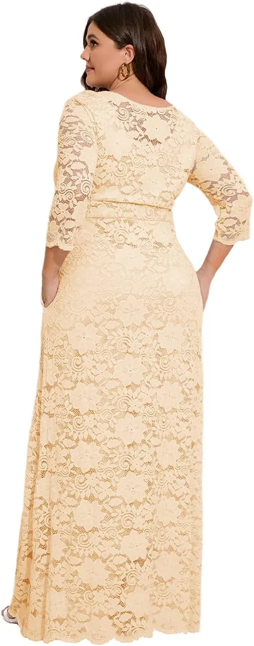 MAYFASEY Women's Plus Size Floral Lace Wedding Dress 3 4 Sleeve Bridesmaid Evening Party Long Maxi Dresses with Pockets