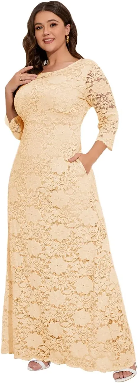 MAYFASEY Women's Plus Size Floral Lace Wedding Dress 3 4 Sleeve Bridesmaid Evening Party Long Maxi Dresses with Pockets
