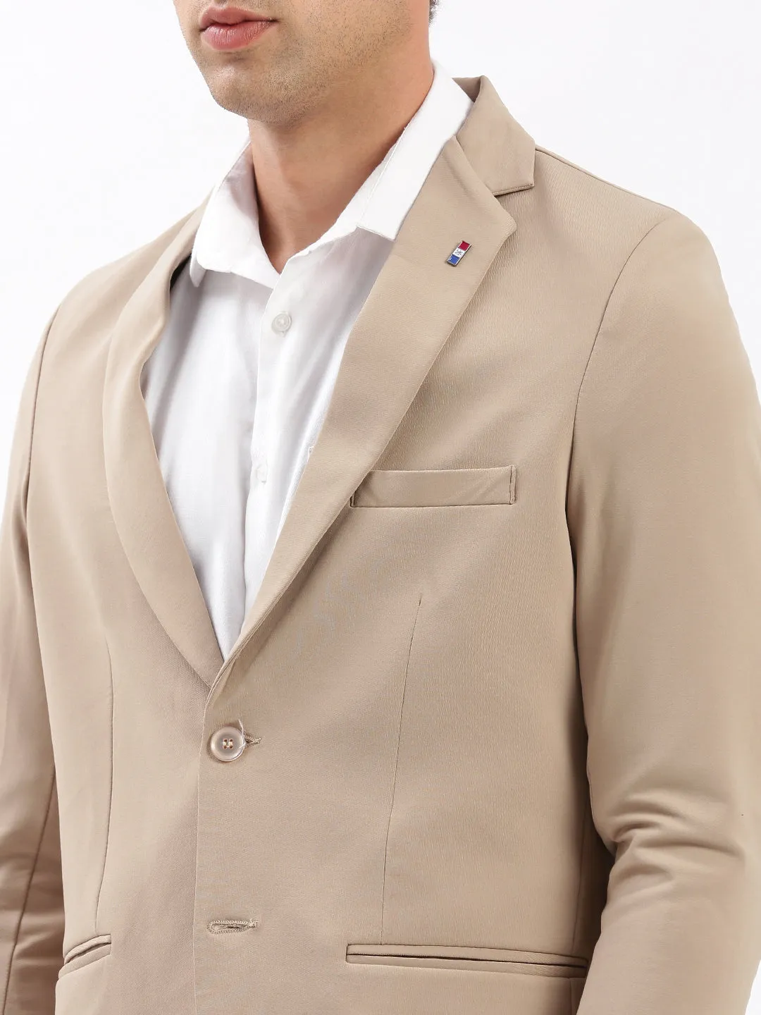 Men Beige Slim-Fit Notched Lapel Collar Single-Breasted Blazer