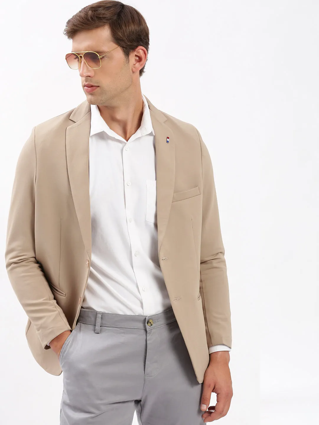 Men Beige Slim-Fit Notched Lapel Collar Single-Breasted Blazer