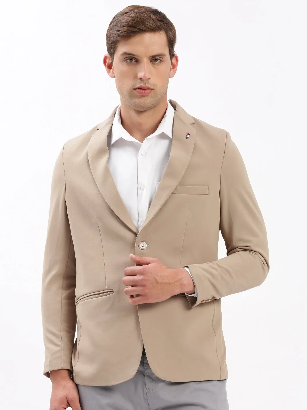 Men Beige Slim-Fit Notched Lapel Collar Single-Breasted Blazer