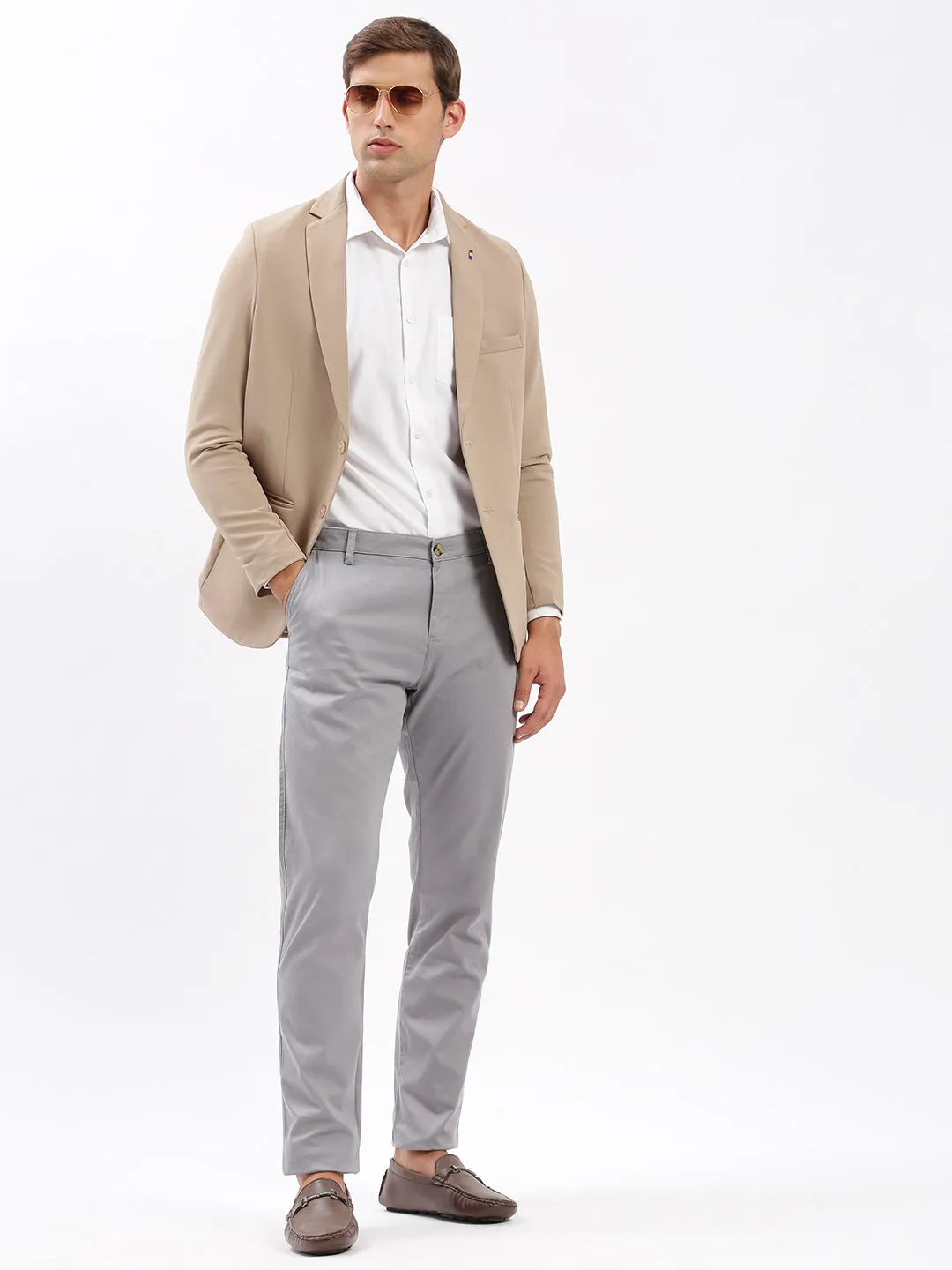 Men Beige Slim-Fit Notched Lapel Collar Single-Breasted Blazer