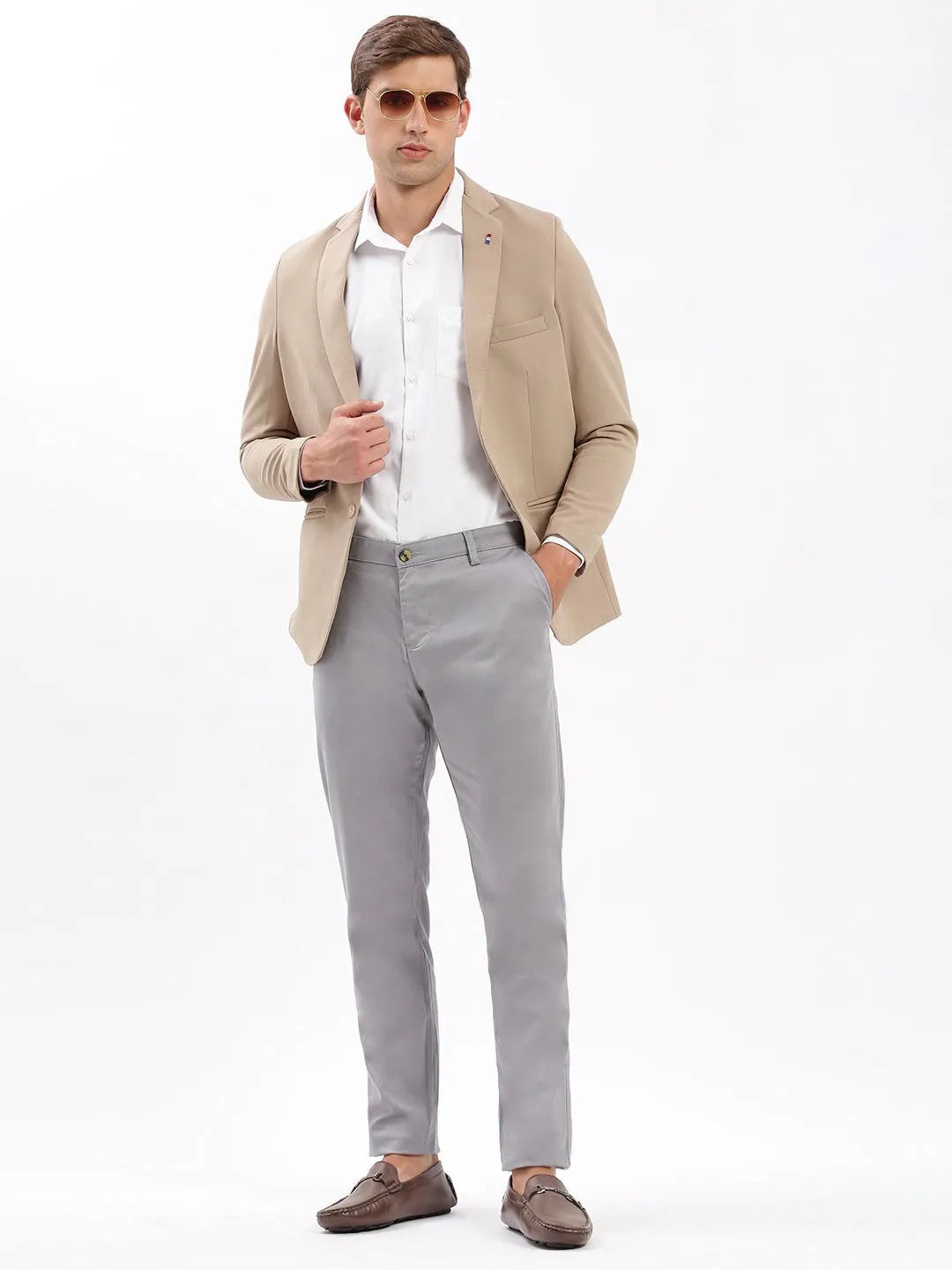 Men Beige Slim-Fit Notched Lapel Collar Single-Breasted Blazer