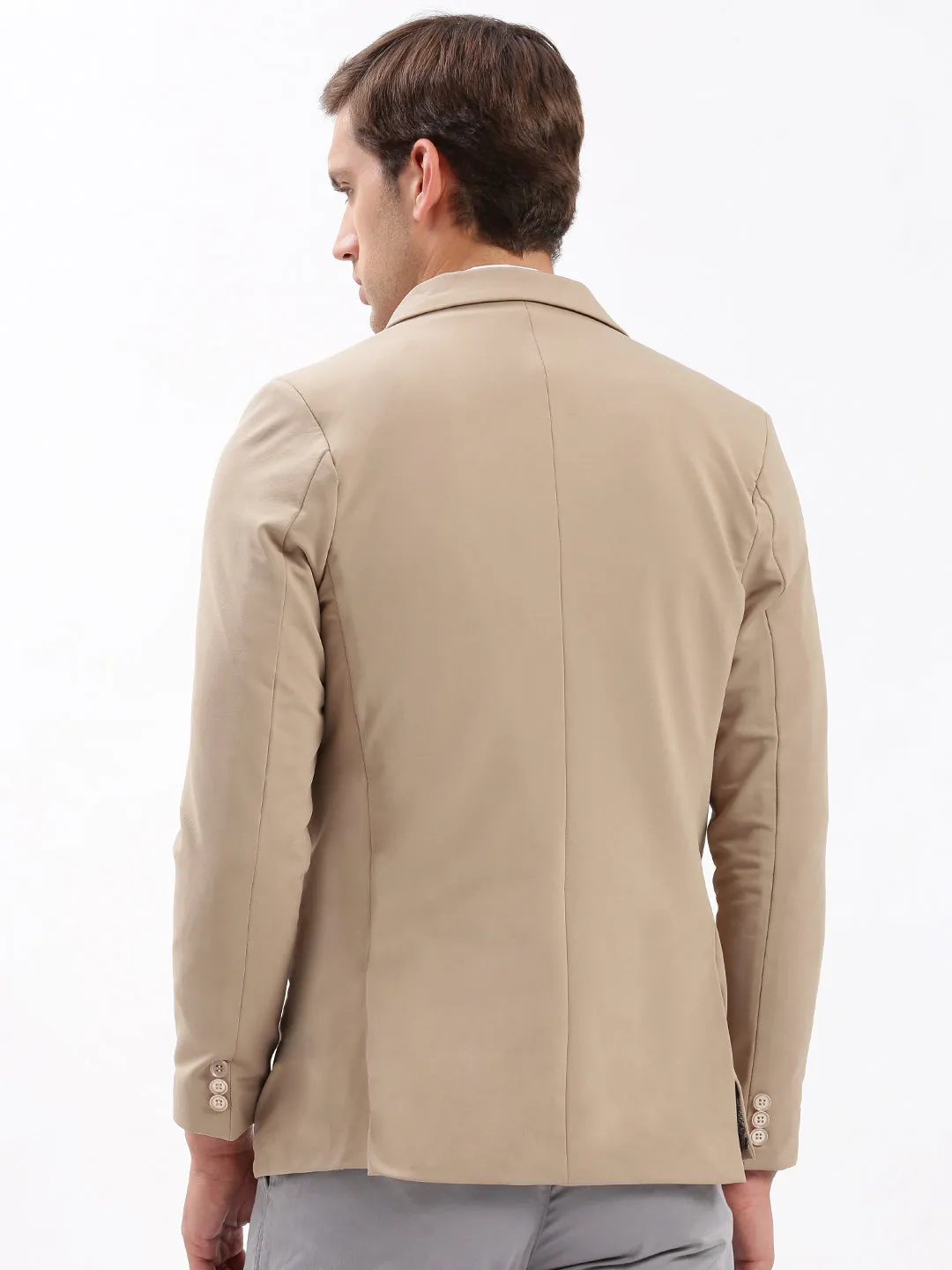 Men Beige Slim-Fit Notched Lapel Collar Single-Breasted Blazer